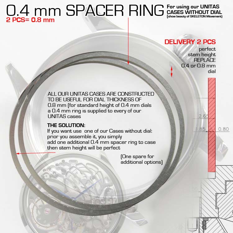 2 pcs 0.4 mm Spacer Rings for all our offered UNITAS cases. Makes them