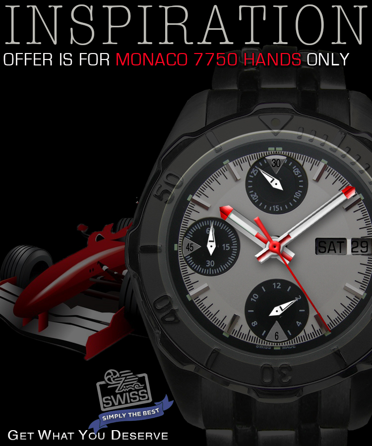 thumbnail image 2 of Watch Hands Set For ETA Valjoux 7750 – Monaco Style, Swiss Superluminova SLC1 (8mm/12mm/12.5mm) 2 of 3